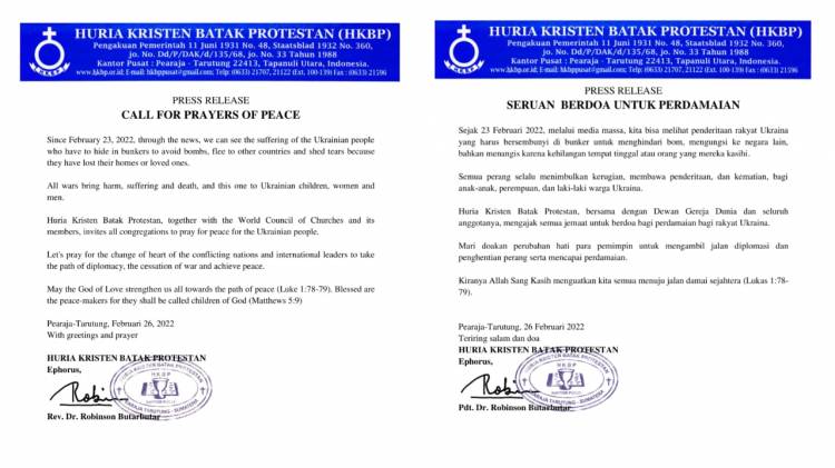 Ephorus HKBP Serukan Doa Perdamaian untuk Ukrania
