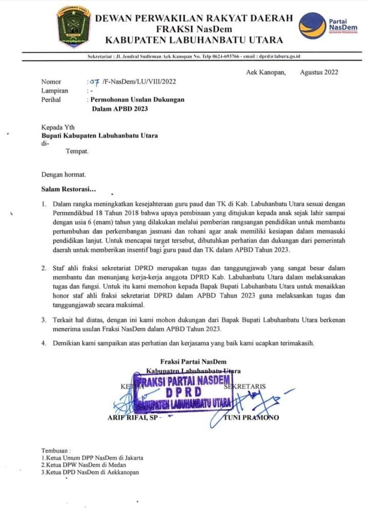 Perjuangkan Intensif Guru PAUD dan TK, NasDem Surati  Bupati Labura