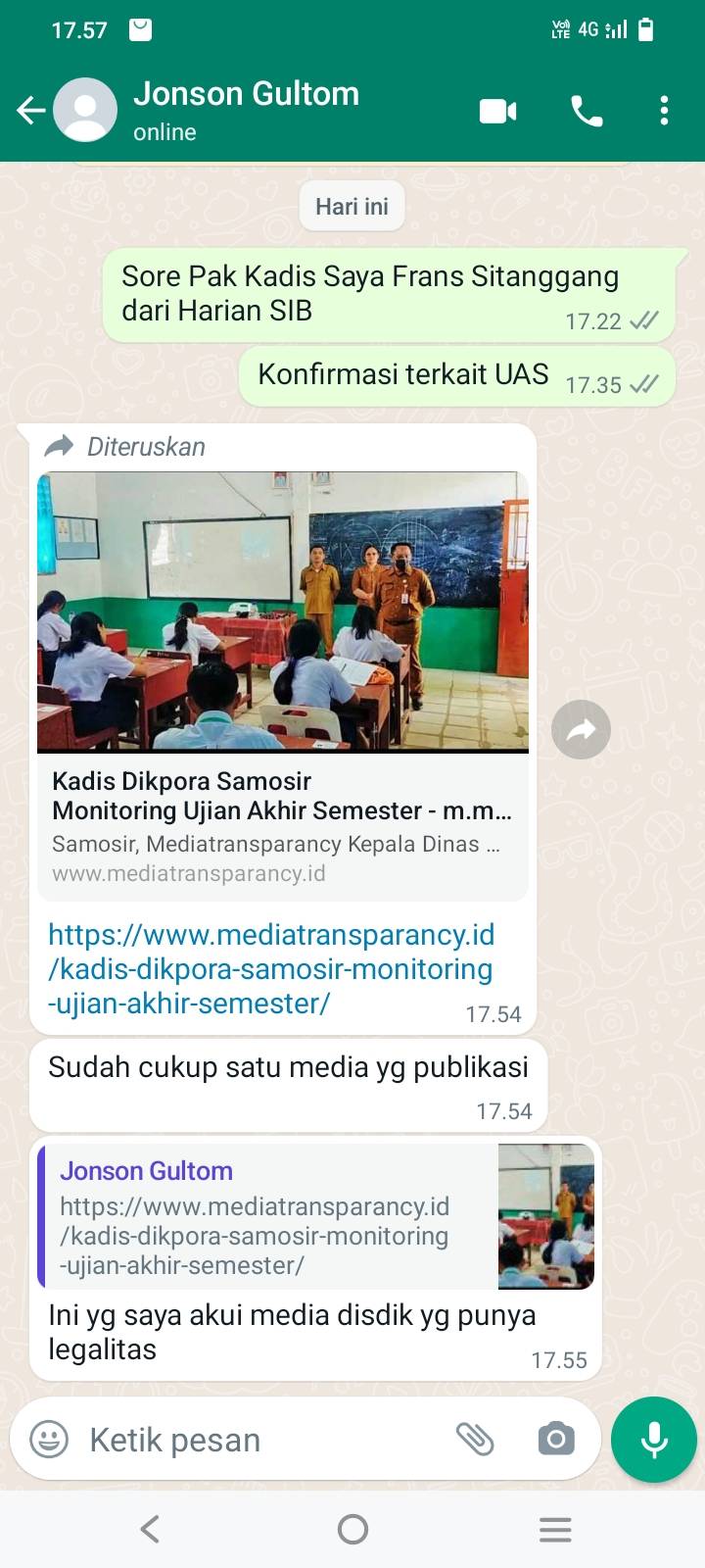 Kadis Pendidikan Samosir Klaim Hanya Media Disdik yang Punya Legalitas