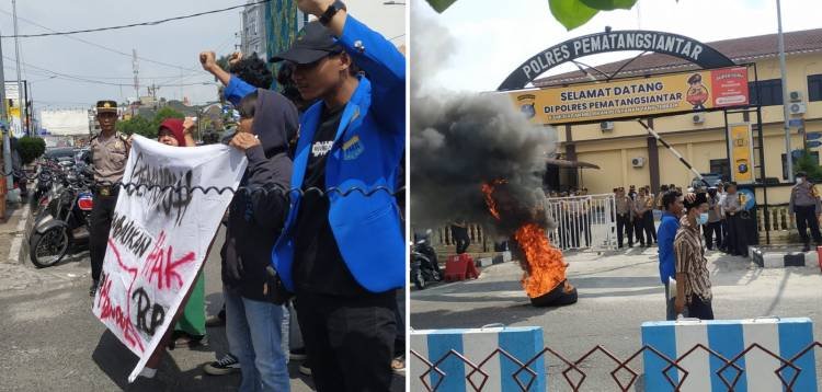 Unjuk Rasa, Mahasiswa Bakar Ban di Depan Mako Polres Pematangsiantar