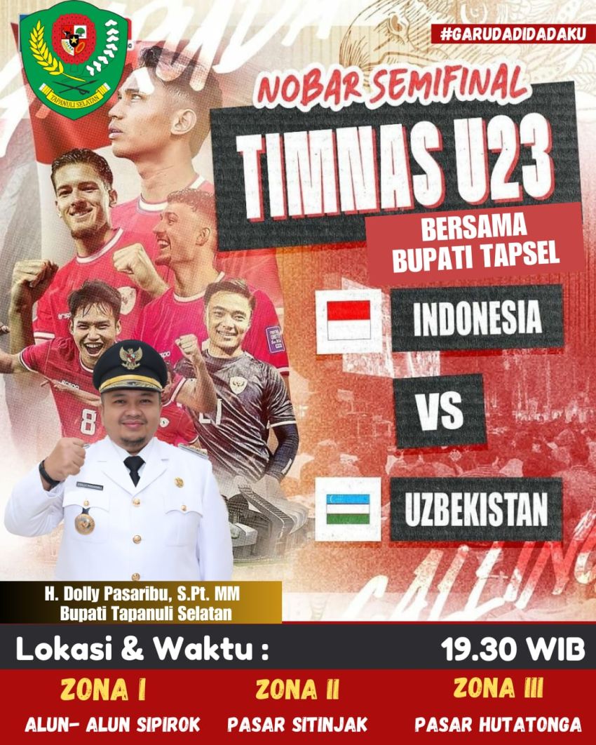 Pemkab Tapsel Gelar Nobar Semi Final Piala U-23 Indonesia Vs Uzbekistan