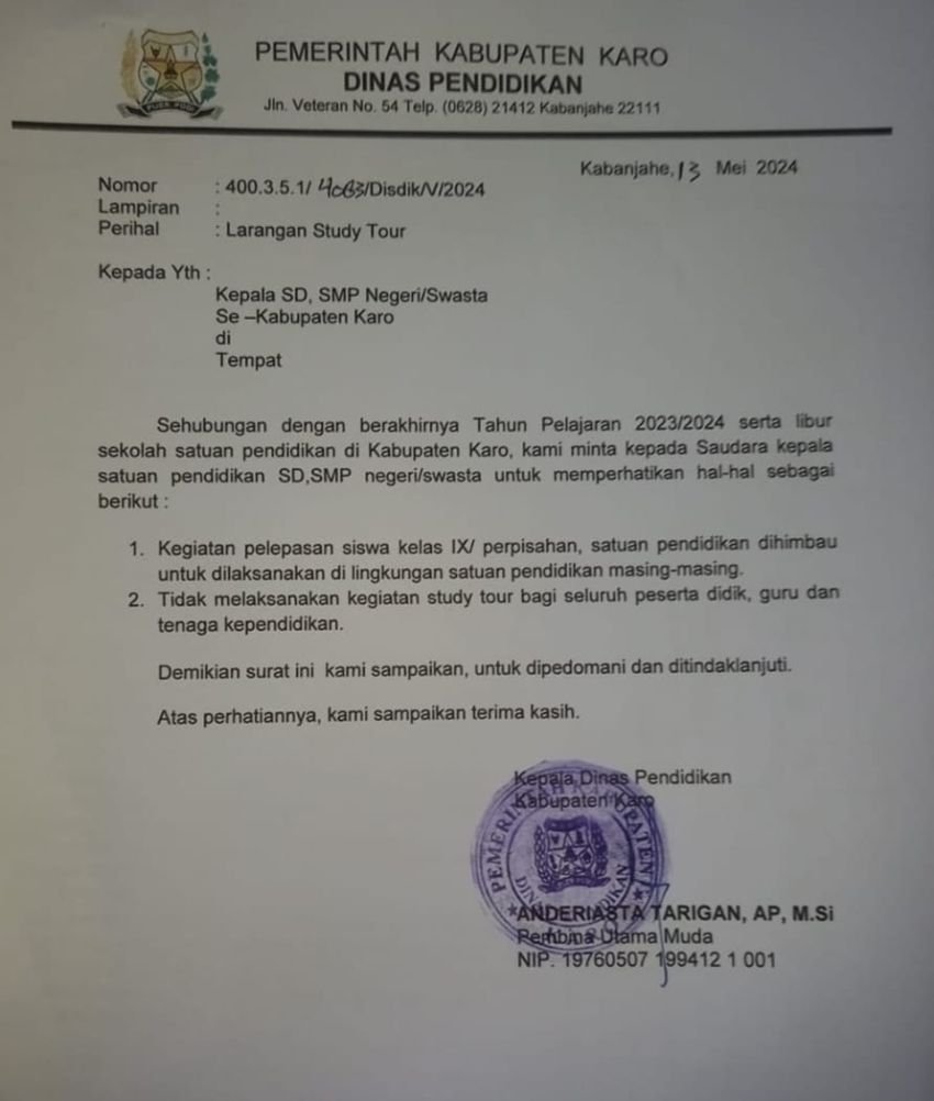 Dinas Pendidikan Karo Keluarkan Surat Edaran Larangan Study Tour