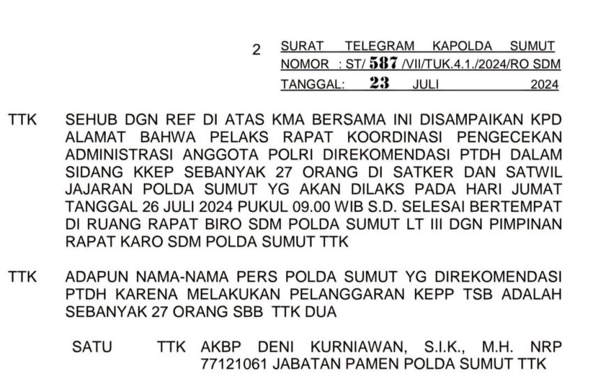 27 Personel Polda Sumut Direkomendasi PDTH Termasuk Mantan Kapolres Labuhan Batu