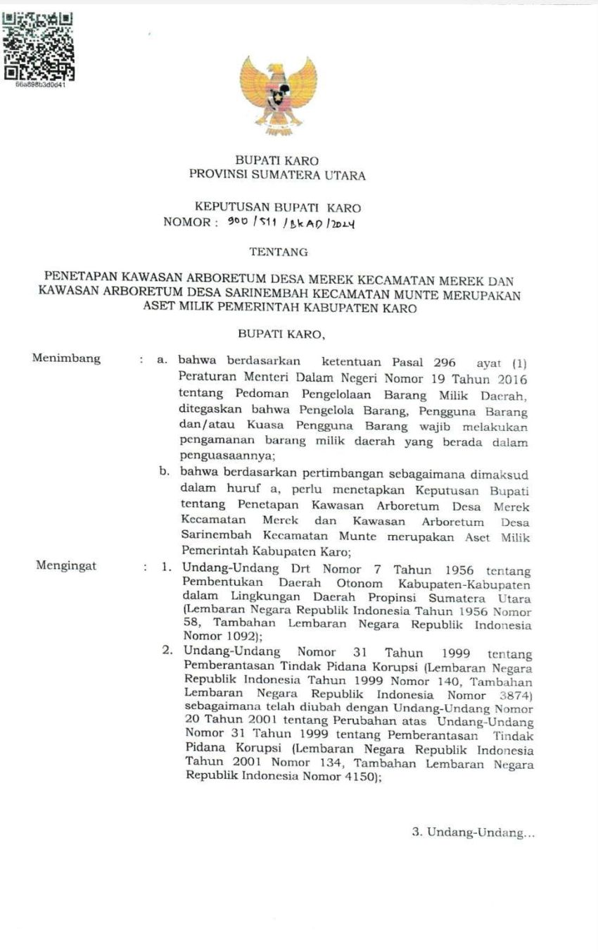 Bupati Karo Terbitkan Kawasan Hutan Arboretum di Merek Menjadi Aset