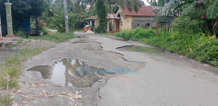 Jalan Utama Desa Tebing Tinggi Tanjung Beringin Berlubang dan Tergenang Air