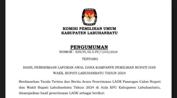 KPU Umumkan Saldo Awal Kampanye Tiga Paslon Bupati-Wakil Bupati Labuhanbatu