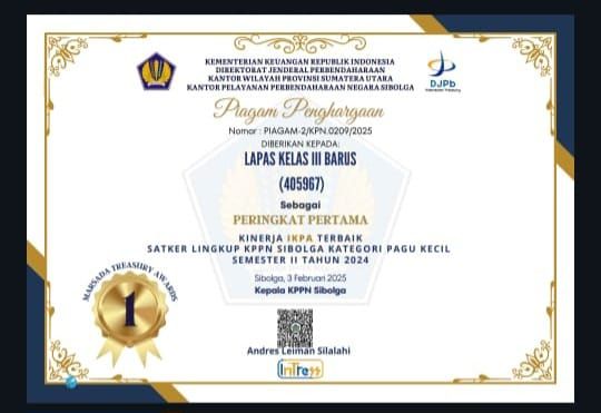 Lapas Barus Raih Penghargaan IKPA Terbaik Lingkup KPPN Sibolga