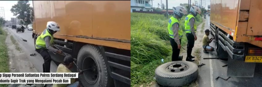 Aksi Terpuji 2 Personel Satlantas Polres Sergai Bantu Ganti Ban Truk yang Pecah di Jalinsum Seirampah
