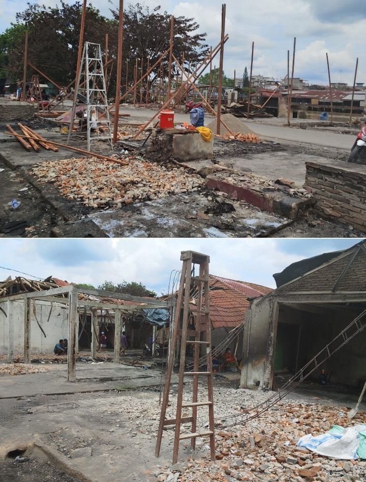 2 Hari Pasca Kebakaran, Para Pedagang Mulai Mendirikan Bangunan Kios TPO Tanjungbalai