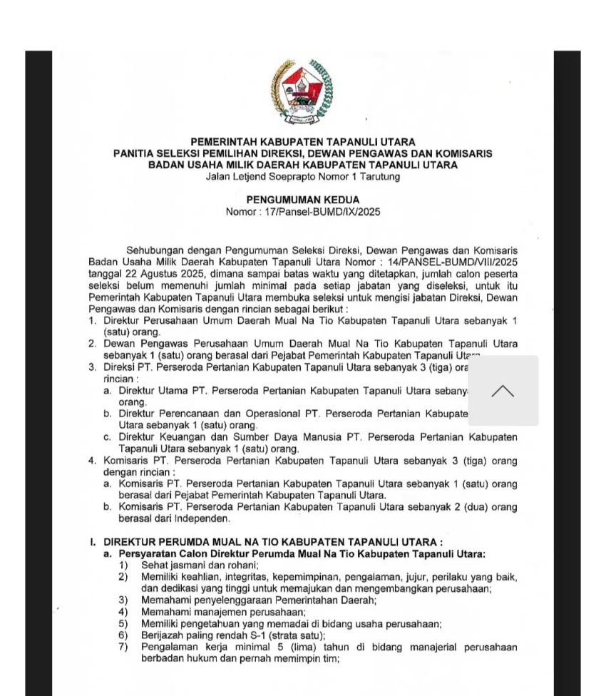 Seleksi BUMD Taput Diperpanjang, Jumlah Pendaftar Belum Diungkap