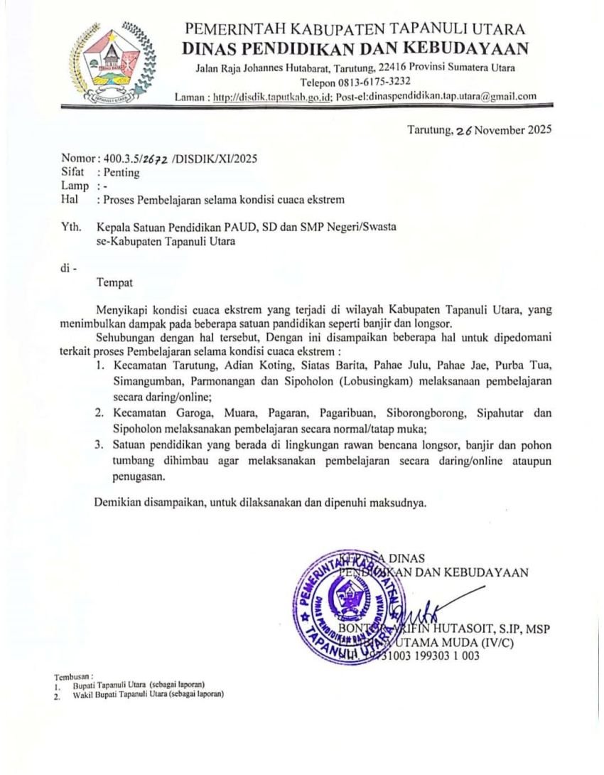 Banjir dan Longsor Melanda Taput, Sekolah Beralih ke Pembelajaran Online