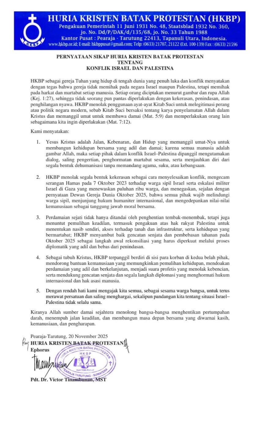 HKBP Keluarkan Pernyataan Sikap soal Konflik Israel-Palestina, Tolak Segala Bentuk Kekerasan