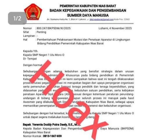 BKPSDM Nias Barat Bantah Surat Mutasi Palsu yang Beredar, Tegaskan Tak Pernah Diterbitkan