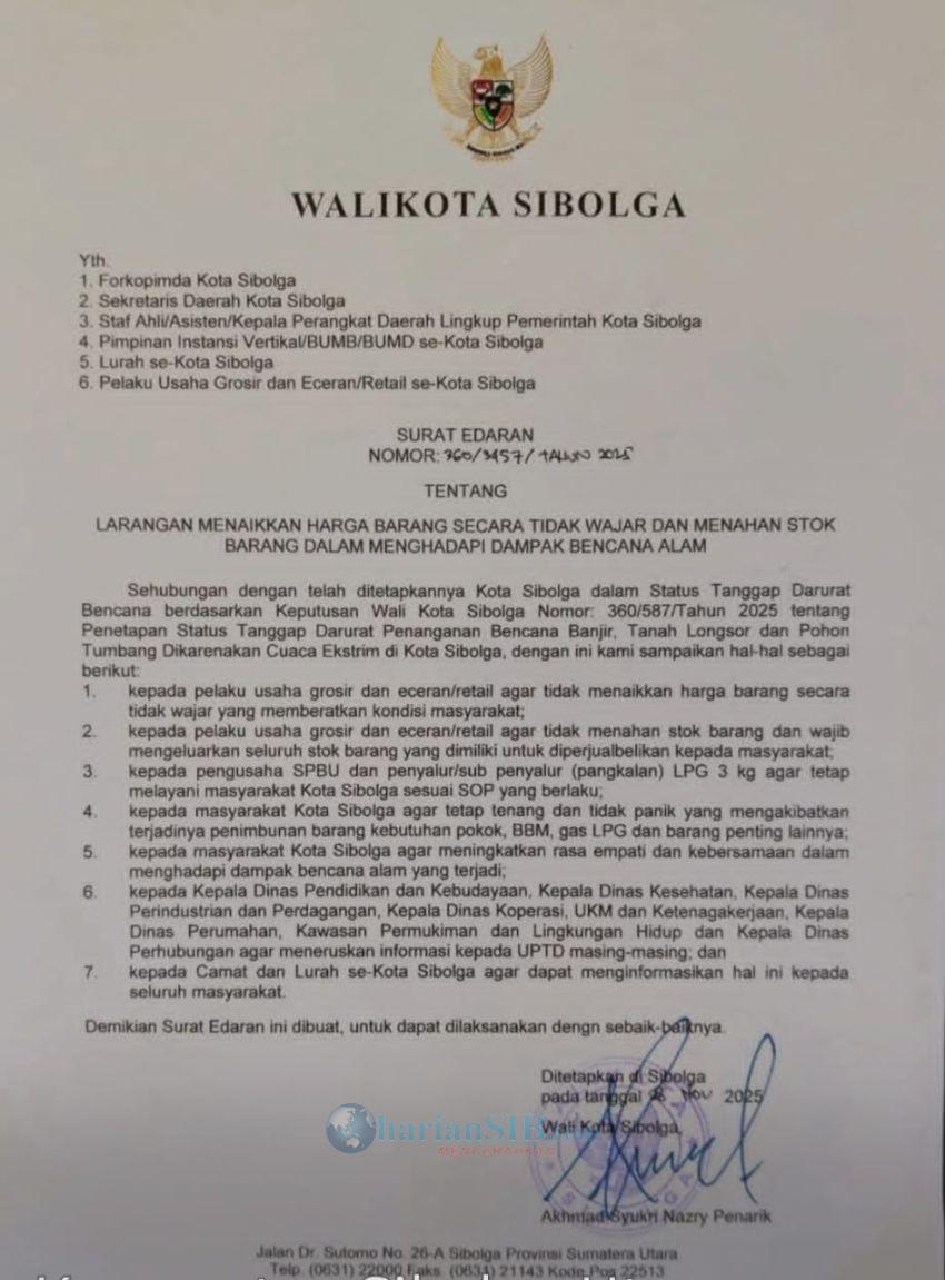 Sibolga Status Tanggap Darurat Bencana, Wali Kota Keluarkan SE Larangan Naik Harga Barang