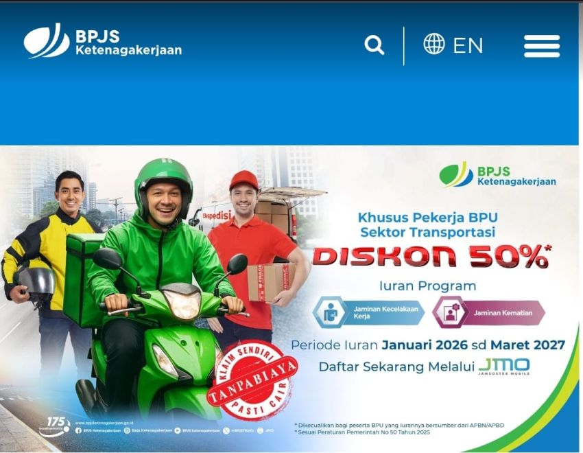 BPJS Ketenagakerjaan Berikan Diskon Iuran 50 % Untuk Program JKK dan JKM Bagi Pekerja BPU