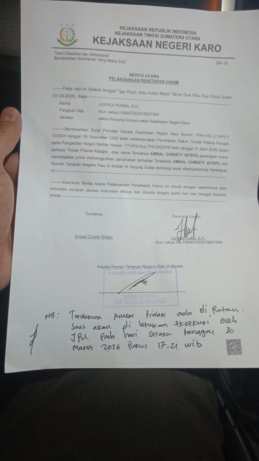 Rutan Medan Diduga Keluarkan Terdakwa Amsal Sitepu, Tanpa Kehadiran Jaksa Eksekutor Kejari Karo