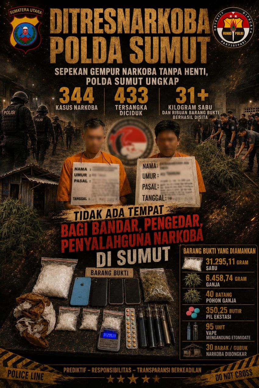 Sepekan, Polda Sumut Ungkap 344 Kasus Narkoba dan Amankan 433 Pelaku
